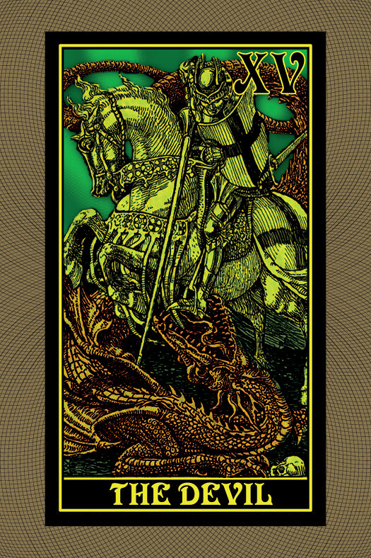 A card from The AlcheMystic Woodcut Tarot by Schiffer Publishing, Ltd. depicts a knight on horseback slaying a dragon, labeled XV and THE DEVIL, featuring bold yellow-green and black colors with intricate woodcut details.