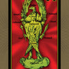 The AlcheMystic Woodcut Tarot by Schiffer Publishing, Ltd. features the Ace of Sherinah card, depicting a green, multi-faced, winged figure holding a sword and staff, with Hebrew Kabbalistic terms on its body, set against a striking red background.