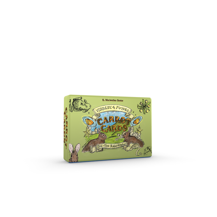 A green box of Carrot Cards by Schiffer Publishing, Ltd., with illustrated rabbits, a mouse, and decorative text reminiscent of a playful bunny tarot, stands against a white background.