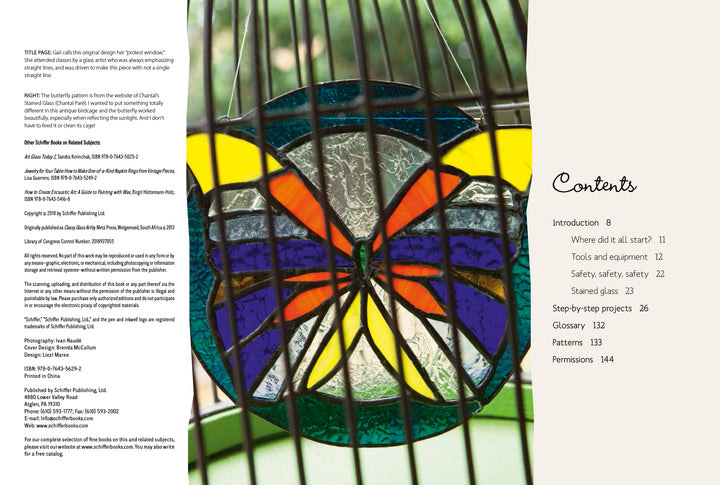 A butterfly-inspired stained glass—made with the copper foil method and vibrant yellow, orange, purple, and blue hues—hangs in a window before a green garden. On the right, "Stained Glass for Beginners" by Schiffer Publishing, Ltd. is shown in a beige box.
