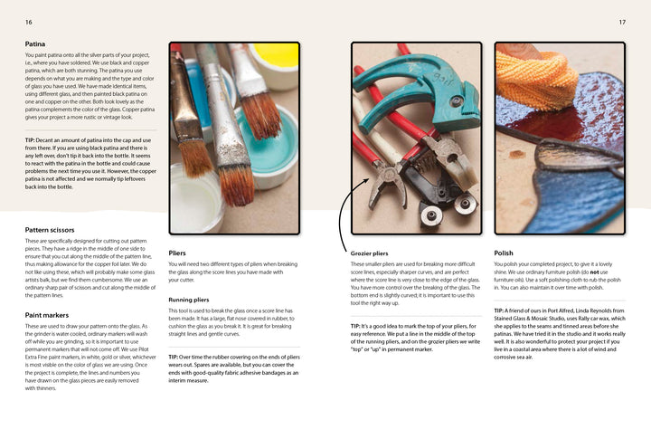 In a clean, organized layout, "Stained Glass for Beginners" by Schiffer Publishing, Ltd. showcases tools like paintbrushes, pliers, scissors, and polish—each photographed with creative glass art tips—ideal for stained glass projects.