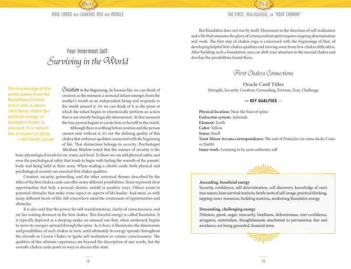 An open book from Sacred Mysteries by Schiffer Publishing, Ltd. displays two pages: the left discusses the Muladhara (root) chakra using Tantric wisdom and a Sufi quote, while the right highlights first chakra qualities and card titles with yellow accents.
