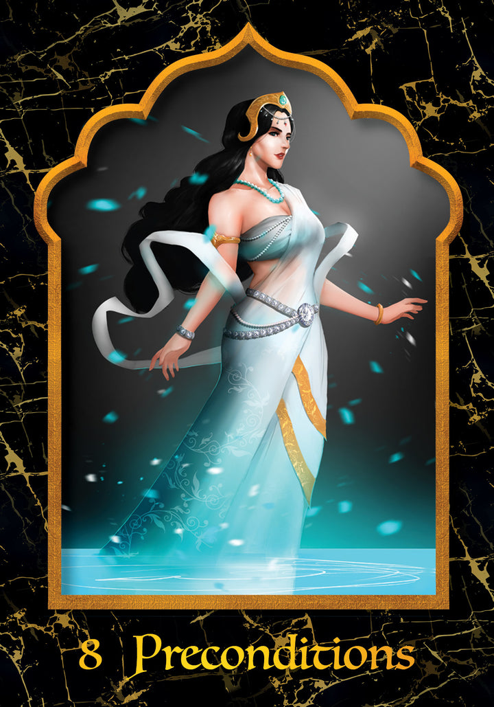 A regal woman in white and gold attire with a crown and jewels stands among blue petals. Her long black hair flows gracefully—an elegant figure featured on the 8 Preconditions card from The Mahābhārata Oracle by Schiffer Publishing, Ltd.