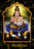 A divine figure adorned with gold jewelry sits on a blue lotus, holding a white mouse, amid treasures—like an oracle card from The Mahābhārata Oracle by Schiffer Publishing, Ltd.—golden light behind and 21 Abundance on black marble below.