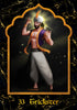 A muscular man in Middle Eastern attire stands in a golden arch, holding a glowing skull and object. Below reads “Trickster 33,” resembling an archetype card from The Mahābhārata Oracle by Schiffer Publishing, Ltd.