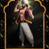 A muscular man in Middle Eastern attire stands in a golden arch, holding a glowing skull and object. Below reads “Trickster 33,” resembling an archetype card from The Mahābhārata Oracle by Schiffer Publishing, Ltd.