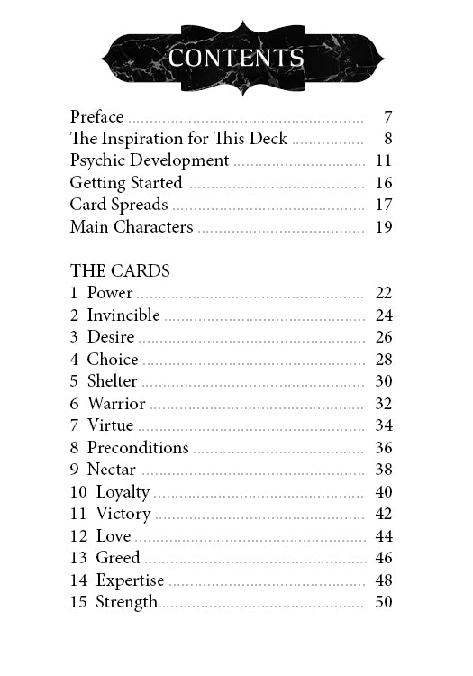 The Mahābhārata Oracle by Schiffer Publishing, Ltd. features a decorative contents page listing Preface, The Inspiration for This Deck, Psychic Development, Getting Started, Card Spreads, Main Characters, and archetype tarot cards.
