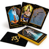 A spread of illustrated archetype cards from The Mahābhārata Oracle by Schiffer Publishing, Ltd. features deities and symbols labeled Imagination, Abundance, Power, and Precipitations. The back shows a gold Om on a black marbled background.