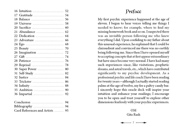 A table of contents lists chapter titles with page numbers on the left, and on the right is a preface by Gita Rash describing her first psychic experience inspired by The Mahābhārata Oracle from Schiffer Publishing, Ltd., urging readers to explore this guidebook.