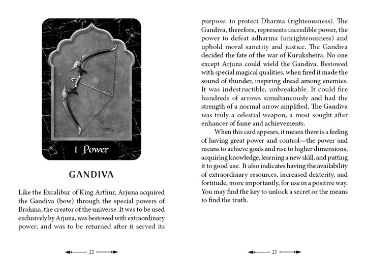 A spread in The Mahābhārata Oracle by Schiffer Publishing, Ltd. shows the Gandiva bow on the left with "Power" below, and text about its origins and power—perfect for a card deck or spiritual guidebook.
