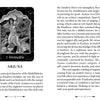 A page from The Mahābhārata Oracle by Schiffer Publishing, Ltd. depicts Arjuna with his bow, highlighting his virtues and epic role, similar to tarot archetypes. The page is titled “Arjuna—2 Invincible.”.