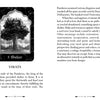 A black-and-white illustrated page from The Mahābhārata Oracle by Schiffer Publishing, Ltd. shows a "5 Shelter" tree card. Below, text explores the concept of Shelter within the Virata kingdom from the Mahabharata.