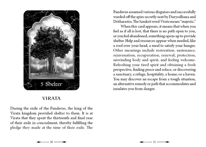 A black-and-white illustrated page from The Mahābhārata Oracle by Schiffer Publishing, Ltd. shows a "5 Shelter" tree card. Below, text explores the concept of Shelter within the Virata kingdom from the Mahabharata.