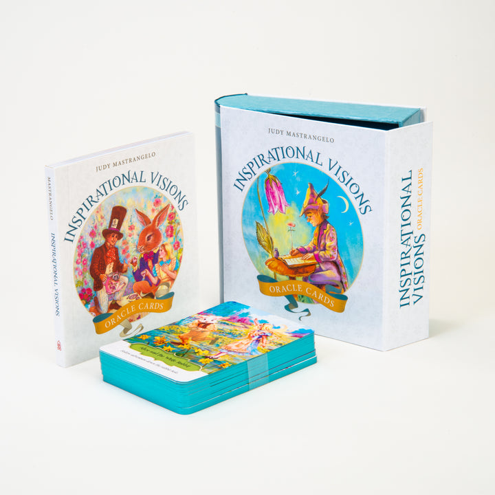 The Inspirational Visions Oracle Cards by Schiffer Publishing, Ltd. includes a guidebook, illustrated cards, and a decorative storage box—ideal for self-discovery—shown on a white background.