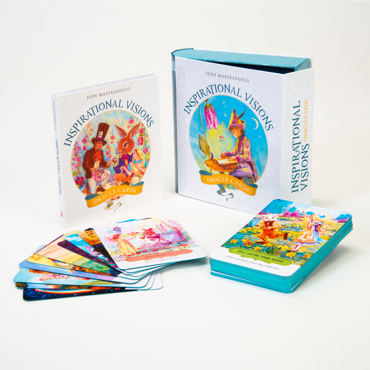 The “Inspirational Visions Oracle Cards” by Schiffer Publishing, Ltd. includes a guidebook, a decorative box, and vivid illustrated cards arranged on white to inspire self-discovery.