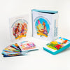 The Inspirational Visions Oracle Cards by Schiffer Publishing, Ltd. features a vibrant box, illustrated cards displayed stacked and spread out, and an inspirational guidebook—all designed for self-discovery with colorful artwork.