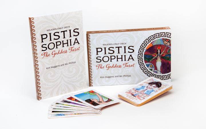 The Pistis Sophia by Schiffer Publishing, Ltd. is a Majors-only Goddess Tarot deck that includes a box, guidebook, and vibrant cards designed by Kim Huggens and Nic Phillips.
