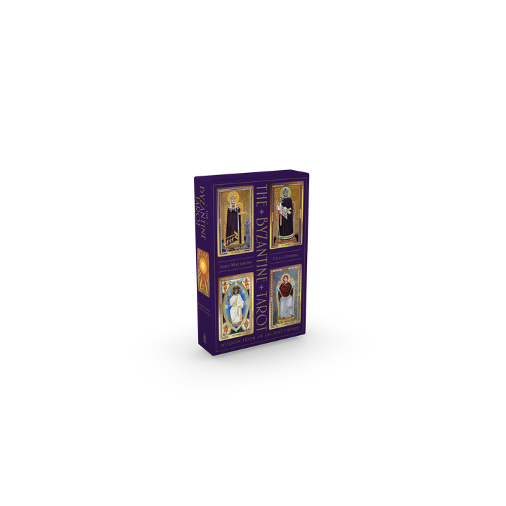 The Byzantine Tarot by Schiffer Publishing, Ltd. is a box set featuring ornate tarot cards with gold accents and rich purple backgrounds, inspired by the opulence of the Byzantine Empire.