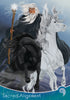 An illustrated wizard with long white hair and beard holds a glowing staff, standing behind black and white horses. Inspired by Rider-Waite art, the card reads “Sacred Alignment.” From Eternal Seeker Oracle by Schiffer Publishing, Ltd.