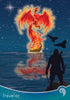 A fiery phoenix rises from a burning ship on a starry lake, its reflection shimmering below. A silhouetted archer stands on a rock in the foreground—an image from the Eternal Seeker Oracle by Schiffer Publishing, Ltd. "Traveler" is at bottom left.