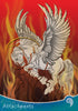 A white winged horse battles orange chains amid fierce flames on a red background. "Eternal Seeker Oracle" by Schiffer Publishing, Ltd. appears below in a blue border, channeling the transformative power of this soul healing deck.