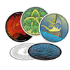 Four illustrated Wild Harmonic Oracle Cards by Schiffer Publishing, Ltd. are shown, each with colorful designs—red flames, green leaves, a yellow sailboat on blue waves, and energy alchemy with faces in blue water; one card has circular text.