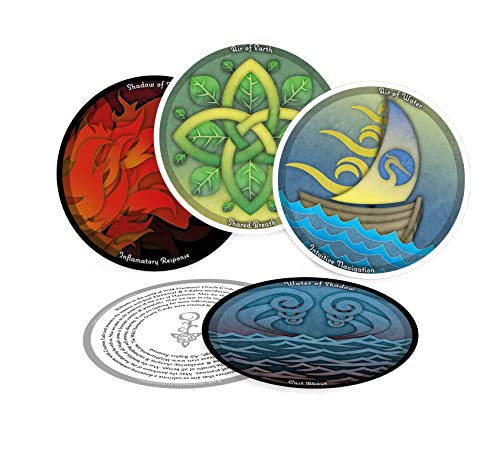 Four illustrated Wild Harmonic Oracle Cards by Schiffer Publishing, Ltd. are shown, each with colorful designs—red flames, green leaves, a yellow sailboat on blue waves, and energy alchemy with faces in blue water; one card has circular text.