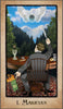 A person in a suit sits at a table in the forest, holding a feather pen toward a winged eye as literary tarot symbols—candle, chalice, apple, burning "Nature" book—surround them. The card is I. Magician from The American Renaissance Tarot by Schiffer Publishing, Ltd.