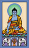 A stylized illustration for The Buddha Tarot by Schiffer Publishing, Ltd.: a blue-skinned Buddha sits cross-legged on a lotus, in yellow and orange robes, with a green halo and border inspired by Major Arcana motifs.
