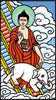 A stylized illustration inspired by The Buddha Tarot from Schiffer Publishing, Ltd. shows a serene figure in red robes with a halo and a white elephant on golden stairs, evoking the mystical Major Arcana of a Tarot deck.