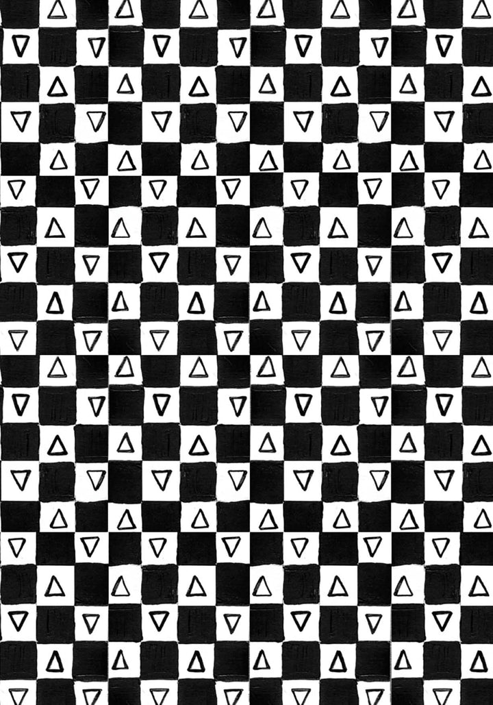 The Outsider Art Tarot by Schiffer Publishing, Ltd. features a black and white checkerboard pattern with each square displaying a small outlined triangle pointing down, creating a unique tarot deck inspired by outsider art.