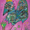 Colorful abstract artwork from Outsider Art Tarot by Schiffer Publishing, Ltd. depicts a crowned, multi-eyed bird figure with a frog on its back and "HANG-WOMAN" below, surrounded by flowers and geometric shapes in art brut tarot style.