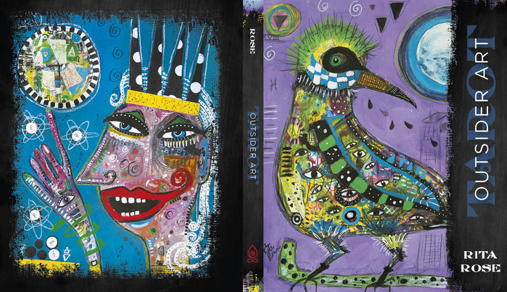 Front and back cover of Outsider Art Tarot by Schiffer Publishing, Ltd., featuring vibrant abstract artwork: a patterned crowned face and a whimsical decorated bird, inspired by outsider art on bold backgrounds.