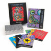 The Outsider Art Tarot by Schiffer Publishing, Ltd. features vibrant illustrated cards and unique guidebooks, displayed on a white surface. The card backs display a striking black and white checkerboard pattern.