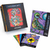The Outsider Art Tarot by Schiffer Publishing, Ltd. features vibrant, abstract art brut designs by Rita Rose. The deck comes with a decorated bird on the box and guidebook, with colorful cards spread out in front.