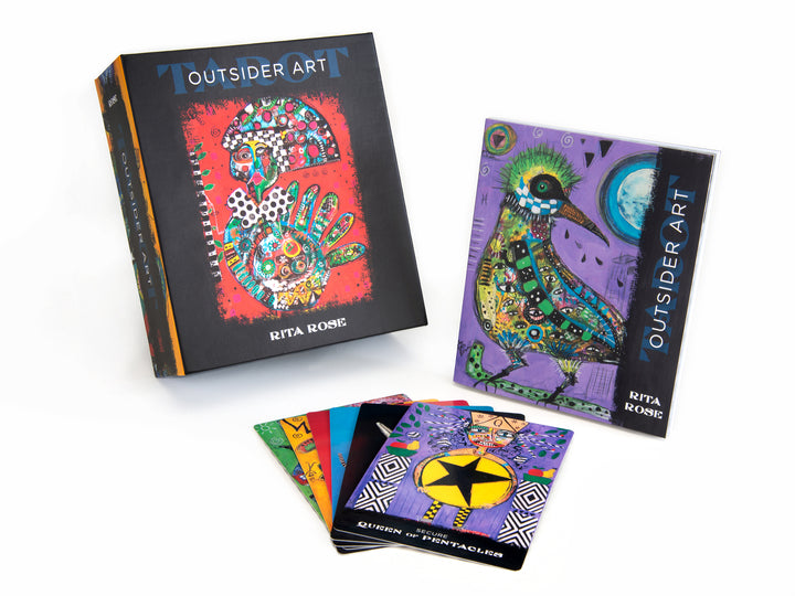 The Outsider Art Tarot by Schiffer Publishing, Ltd. features vibrant, abstract art brut designs by Rita Rose. The deck comes with a decorated bird on the box and guidebook, with colorful cards spread out in front.