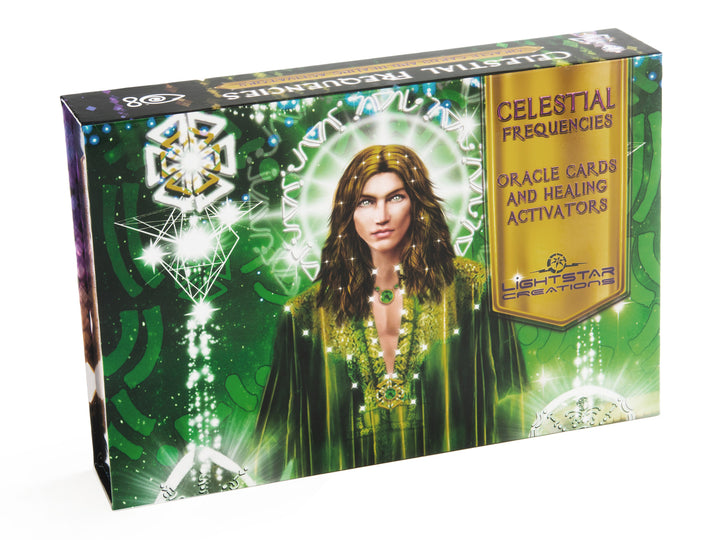 A vibrant box labeled Celestial Frequencies by Schiffer Publishing, Ltd. displays mystical art of a long-haired figure in green robes with geometric patterns and a glowing halo, offering intuitive card guidance.