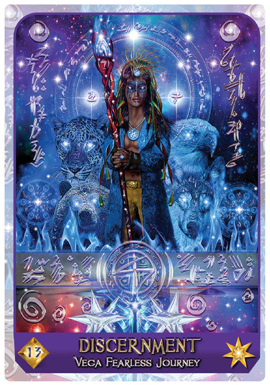 A mystical figure with a staff stands among blue and purple auras, animals, and glowing runes. Text reads “Celestial Frequencies.” An intuitive creation from Schiffer Publishing, Ltd., inspired by oracle cards.