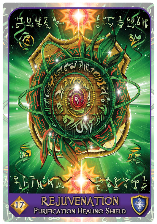 The Celestial Frequencies oracle card by Schiffer Publishing, Ltd. features a radiant green and gold shield with glowing symbols, “REJUVENATION: Purification Healing Shield,” and is card 17 for intuitive guidance and healing activation.
