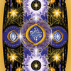 Celestial Frequencies by Schiffer Publishing, Ltd. features a vibrant tarot card back with golden and purple patterns, glowing mandalas, celestial stars, and ornate blue and gold designs—ideal for oracle cards and intuitive guidance.