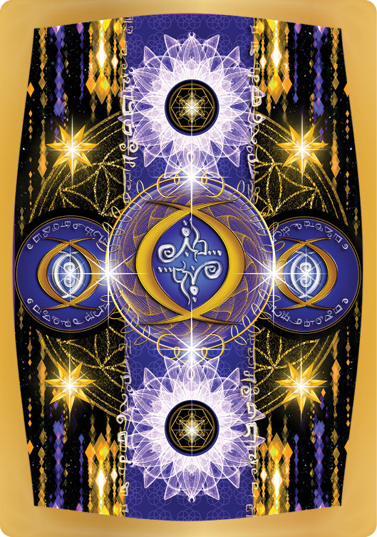 Celestial Frequencies by Schiffer Publishing, Ltd. features a vibrant tarot card back with golden and purple patterns, glowing mandalas, celestial stars, and ornate blue and gold designs—ideal for oracle cards and intuitive guidance.
