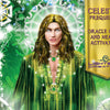 A mystical figure with long blond hair and blue eyes in a green robe is surrounded by geometric light patterns, offering intuitive guidance. A gold sign reads: Celestial Frequencies by Schiffer Publishing, Ltd.