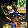 Celestial Frequencies by Schiffer Publishing, Ltd. features a colorful oracle card set displayed with a holographic box, several cards fanned out, and packaging in the background depicting a mystical figure in green robes.