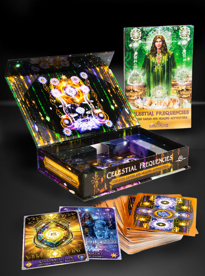 Celestial Frequencies by Schiffer Publishing, Ltd. features a colorful oracle card set displayed with a holographic box, several cards fanned out, and packaging in the background depicting a mystical figure in green robes.