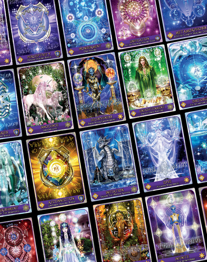 The Celestial Frequencies oracle cards by Schiffer Publishing, Ltd. feature vibrant fantasy art—unicorns, dragons, glowing symbols—and offer intuitive guidance with card titles like “Innocence” and “Enlightenment.”.