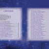 The table of contents for Celestial Frequencies by Schiffer Publishing, Ltd. appears on a blue starry background in two columns, with chapter titles, sections, intuitive guidance, and oracle card interpretations shown in purple text with page numbers.