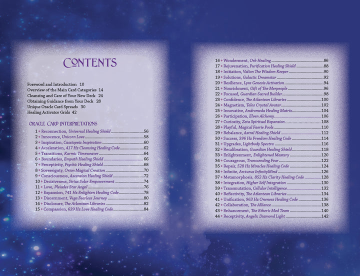 The table of contents for Celestial Frequencies by Schiffer Publishing, Ltd. appears on a blue starry background in two columns, with chapter titles, sections, intuitive guidance, and oracle card interpretations shown in purple text with page numbers.