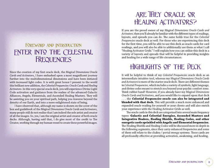 Celestial Frequencies by Schiffer Publishing, Ltd. features a two-page spread: the left page presents a foreword; the right explains the oracle cards’ purpose and intuitive guidance, all on white pages with purple text and ornate gold headings.