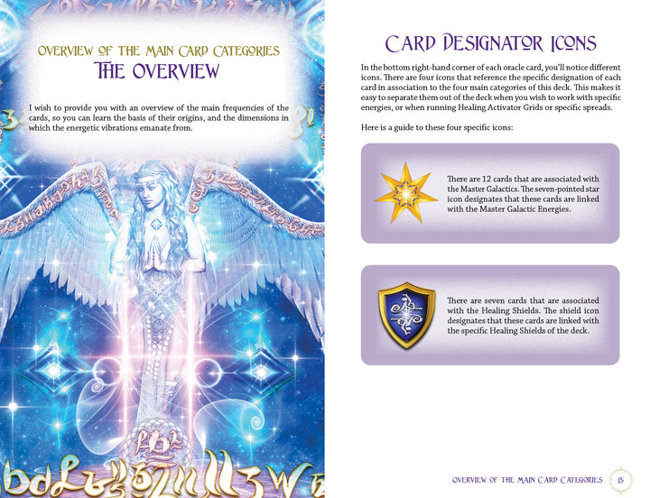 Two-page spread from Celestial Frequencies by Schiffer Publishing, Ltd. Left page features a radiant angel with glowing wings; right page provides intuitive guidance and explains gold star and purple shield healing activation symbols.