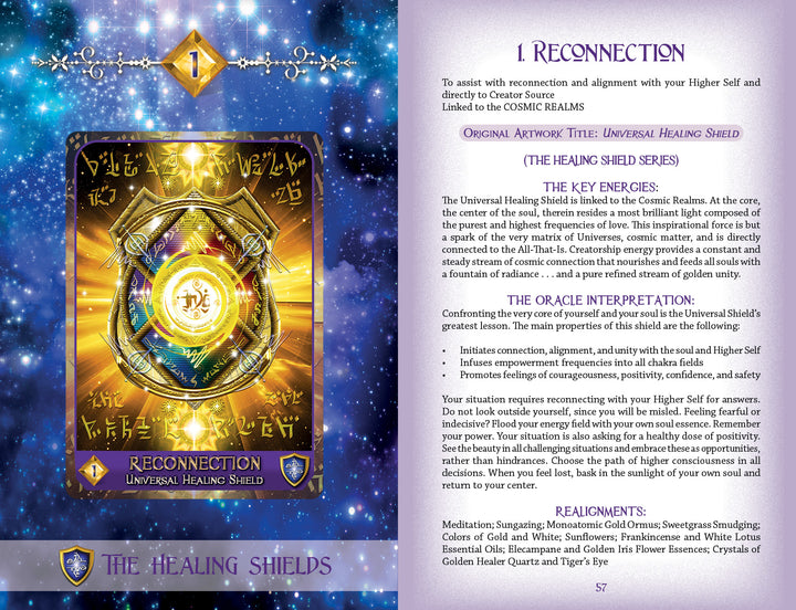 Celestial Frequencies by Schiffer Publishing, Ltd. features an ornate oracle card with mystical symbols on a cosmic backdrop. “Reconnection: Universal Healing Shield” offers intuitive guidance and alignment insights on the right side.